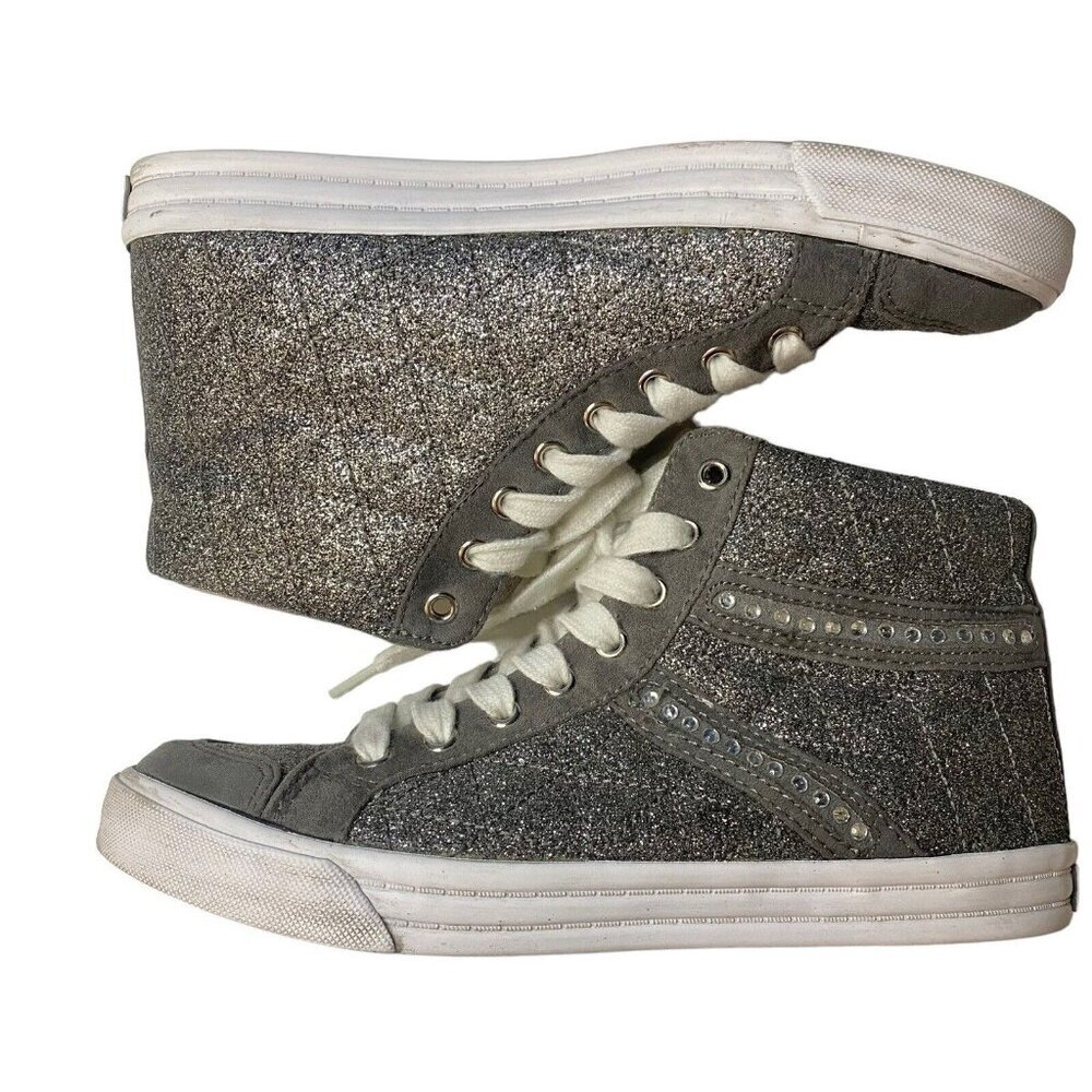 GUESS Women Sneakers Size 7M Silver Glitter Rhinestones High Top Lace Up S-1 - Picture 4 of 9